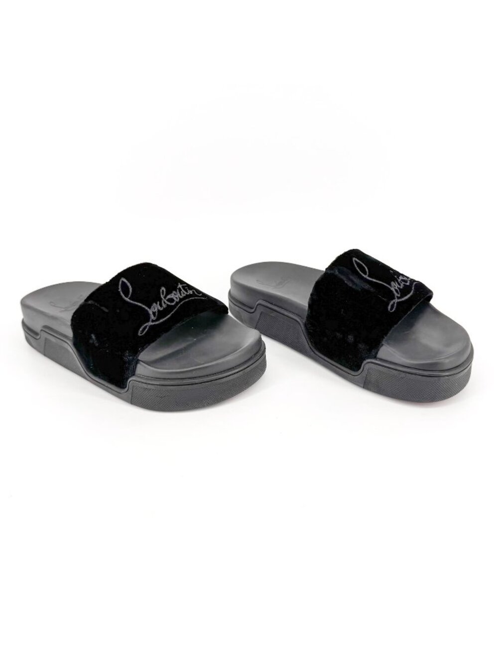 Christian Louboutin 'Navy Pool' Slide Sandals Size 37 US 7 Black Velvet Logo 32